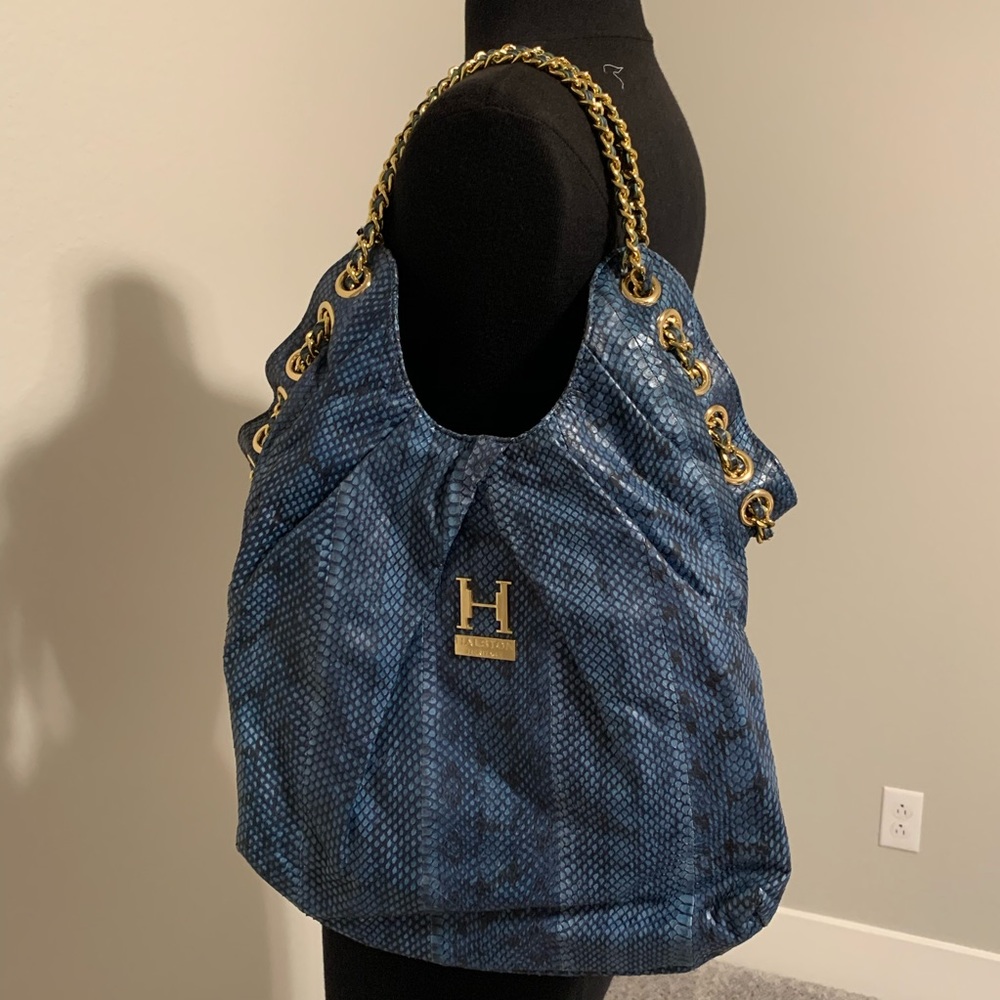 Halston Heritage blue snake skin embossed tote